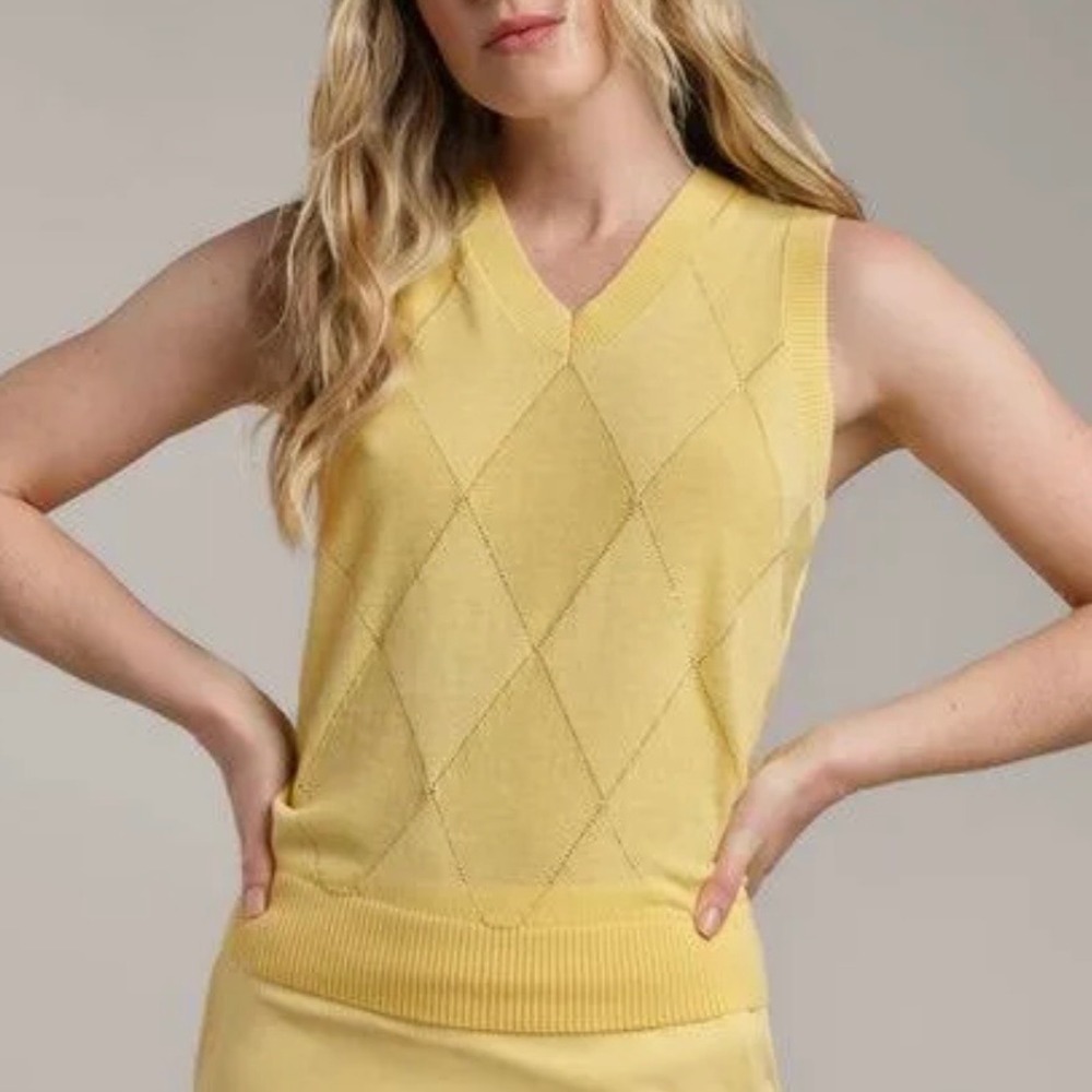 Rhone Birdie Argyle Sweater Vest V-Neck Pointelle Yellow Womens Size Small